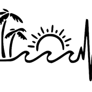 Peut inclure: Illustration en noir et blanc d'un rythme cardiaque avec des palmiers, un soleil et des vagues. Un cœur se trouve à la fin du rythme cardiaque.