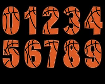 May include: Orange basketball numbers 0 through 9 with black stitching.