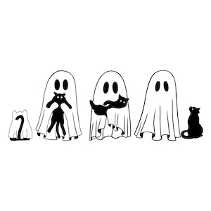 May include: Four black cats, one in a ghost costume, one in a ghost costume holding another cat, one in a ghost costume holding a cat, and one standing alone.