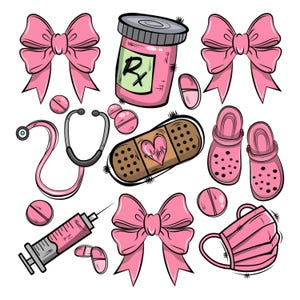 Puede incluir: Colección de ilustraciones médicas rosas. Incluye un frasco de medicamentos, pastillas, un estetoscopio, una tirita con un corazón, zuecos rosas, lazos, una jeringa y una mascarilla. Todos los elementos están delineados en negro.
