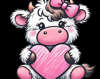 May include: A white and pink cartoon cow with a pink bow holding a pink heart. The cow has brown eyes and a brown nose.