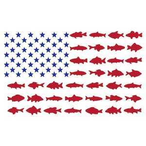 May include: An American flag design made up of red fish silhouettes. The flag has 13 rows of fish and 50 stars in the blue field.