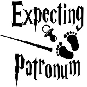 May include: Black and white graphic design with the text "Expecting Patronum" and a baby dummy, a wand, and two baby footprints.