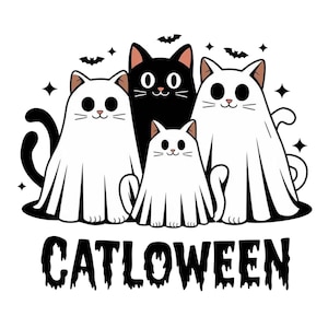 May include: Four black and white cats dressed as ghosts for Halloween. The text "CATLOWEEN" is written below the cats.