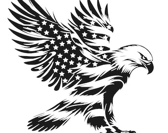 May include: A black and white graphic of an American bald eagle with outstretched wings. The eagle's wings feature the stars and stripes of the American flag. The eagle is depicted in a dynamic pose, suggesting flight and strength.