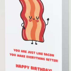 Cartão de aniversário com bacon para impressão, cartão de aniversário engraçado