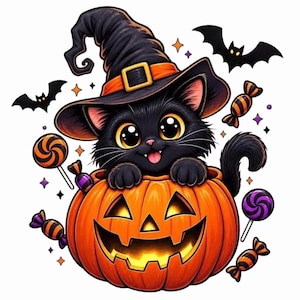 May include: A black kitten with large eyes wearing a black witch hat with an orange band, sitting inside a carved orange jack-o'-lantern pumpkin. The scene is surrounded by flying black bats, colorful wrapped candies, and purple and orange lollipops.