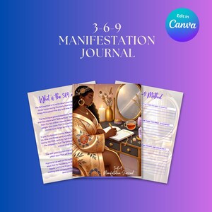 Może przedstawiać: Drukowany dziennik manifestacji 3-6-9 w schemacie kolorystycznym złoto-fioletowym. Dziennik przedstawia kobietę piszącą w dzienniku ze świecą i kryształami na stole. Tekst na stronie dziennika brzmi "Co to jest metoda 369?" i "Dziennik manifestacji 3-6-9".