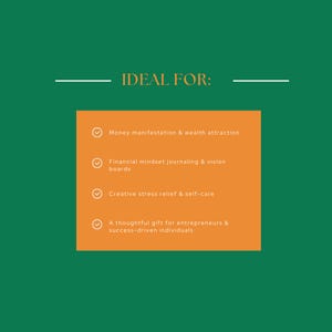 Op de afbeelding: Oranje kaart met een checklist van toepassingen voor een dagboek. De checklist omvat: Geldmanifestatie & welvaartsaantrekking, Financieel mindset-journaling & vision boards, Creatieve stressverlichting & zelfzorg, Een attent cadeau voor ondernemers & succesvolle individuen.