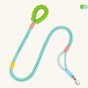 May include: A light blue dog leash with a green beaded handle and a silver clip. The leash has yellow and pink accents.