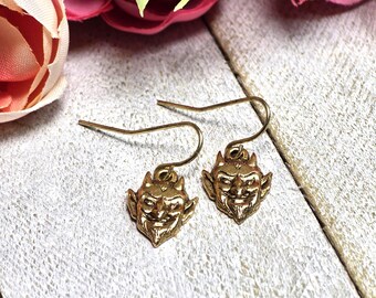 Gothic Halloween Devil Satan Face Antique Gold Pewter Earrings with a Unique, One-of-a-Kind Hand-Embellished Tag/Bookmark, Qty. 1