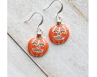 Silver Plated, Enameled Halloween Pumpkin Earrings, Qty 1 pair