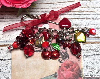 Beaded Cherry Charm Brooch for Scarf, Shawl, Bag Qty:1