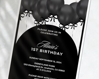 May include: Black and white birthday invitation with a black background and white text. The invitation features a black and white illustration of balloons and the text "Alaia's 1st Birthday". The invitation also includes the date, time, and location of the party.  Please RSVP with Oasis (000)000-0000