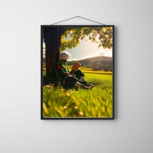 KI-verbessertes Anime-Leinwandposter – ruhige digitale Kunst eines weißhaarigen Charakters beim Lesen unter einem Baum auf einer üppigen Wiese – ruhige Wanddekoration