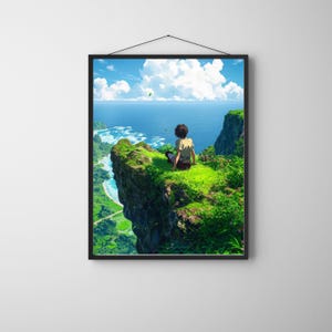KI-verbessertes Anime-Leinwandposter – Gelassene digitale Kunst eines Charakters, der auf einer Klippe sitzt und einen ruhigen Ozean überblickt – friedliche Wanddekoration