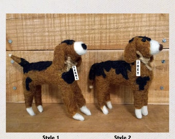 Handmade Needle Felted Dog measuring about 5" tall and 5" long, brown and black with white feet and nose.