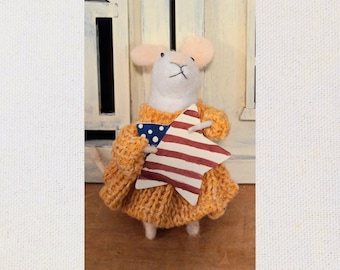 Patriotic mice with painted wood flag - patriotic, Easter, Valentine needle felted mouse - personalized with a name tag or without name tag.