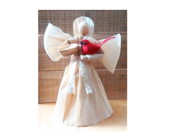 Handmade corn husk angel tree topper or standing angel