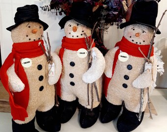 15 inch personalized primitive winter stained terry cloth snowman