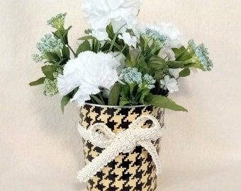 Small 9" tall Spring Mother's Day, birthday or anytime arrangement in a black and cream houndstooth tin is a perfect size for a nursing home