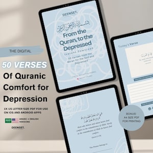 Pode incluir: Um download digital de 50 versículos do Corão para conforto e reflexão em tempos de tristeza e depressão. O download digital está disponível em árabe e inglês. A imagem mostra a tela de um tablet azul e branco com o título "Do Corão, para os deprimidos".