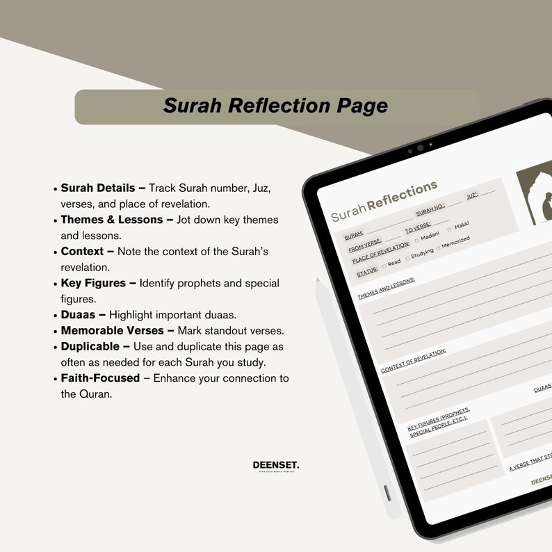 May include: A digital planner page with the title "Surah Reflection Page" and a list of reflection prompts for studying the Quran. The prompts include "Surah Details", "Themes & Lessons", "Context", "Key Figures", "Duaas", "Memorable Verses", "Duplicable", and "Faith-Focused".