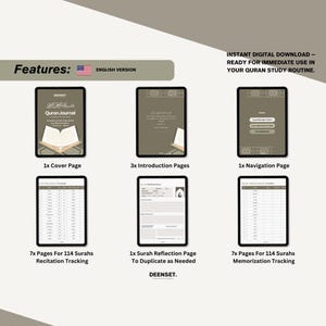 May include: A digital Quran journal with a brown cover and the text "Quran Journal" in white. The journal includes pages for recitation tracking, memorization tracking, and reflection.