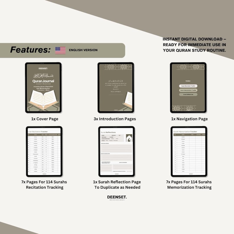 May include: A digital Quran journal with a brown cover and the text "Quran Journal" in white. The journal includes pages for recitation tracking, memorization tracking, and reflection.