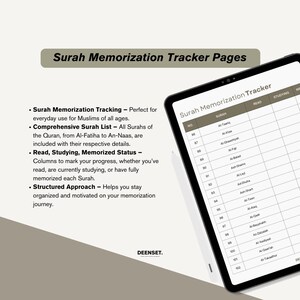 May include: A digital tablet displaying a Surah Memorization Tracker. The tracker is a table with columns for Surah number, Surah name, read, studying, and memorized. The text on the tablet reads "Surah Memorization Tracker" and "DEENSET."