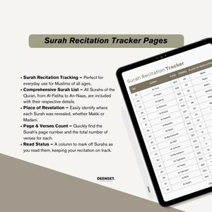 May include: A digital tablet displaying a printable Surah Recitation Tracker. The tracker includes a list of all Surahs in the Quran, their page numbers, verse counts, and place of revelation. The tracker is designed to help Muslims track their Quran recitation.