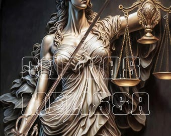 Lady Justice Digital Art Print  - Classical Law Symbol Wall Art - Blindfolded Statue with Scales and Sword - Neoclassical Justice