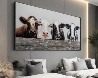 Whimsical Cow Canvas Print - Rustic Farmhouse Wall Art - Country Animal Decor - Charming Farm Animals Painting - Modern Rustic Room Art