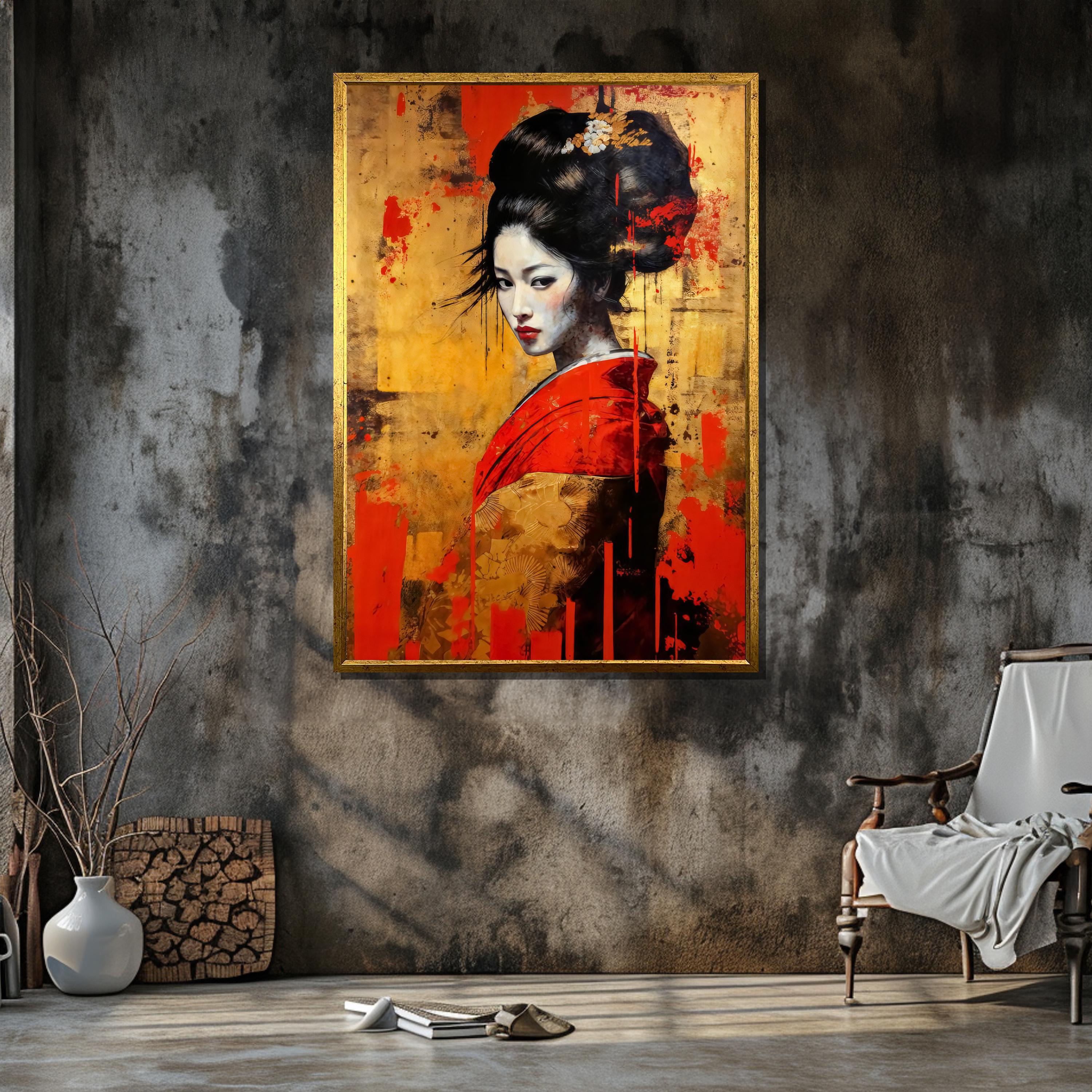 Elegant Geisha in Red Kimono Canvas Art - Bold Japanese Portrait With ...