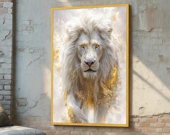 White Lion Wall Art Canvas - Majestic Fantasy Portrait with Golden Fire - Powerful Wildlife Print - Modern Safari Home Decor - Luxury Art