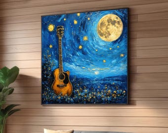 Sternenklare Nacht Gitarren Leinwand Wandkunst – Van Gogh inspirierter Musikdruck – Vollmond Nachthimmel Landschaft – Akustische Gitarre Dekor Druck Dekor