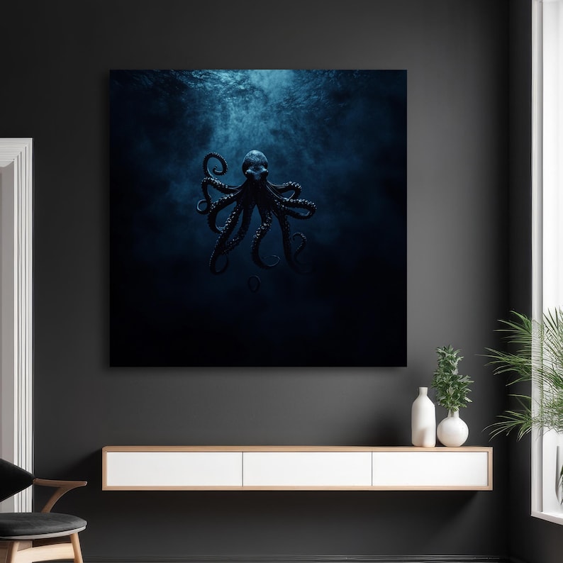 May include: A dark blue octopus illustration against a dark blue background. The octopus is the focal point, with its tentacles gracefully spread. The artwork evokes a sense of mystery and the deep sea.