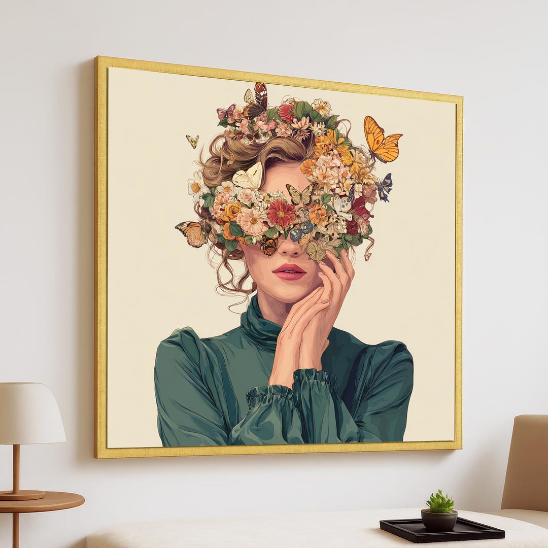 Floral Butterfly Woman Art – Elegant Botanical Portrait Canvas ...