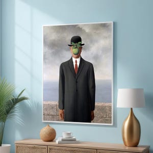 Son of Man Canvas Art – René Magritte-Inspired Surrealist Art – Iconic Man in Bowler Hat with Floating Apple for Modern Wall Decor
