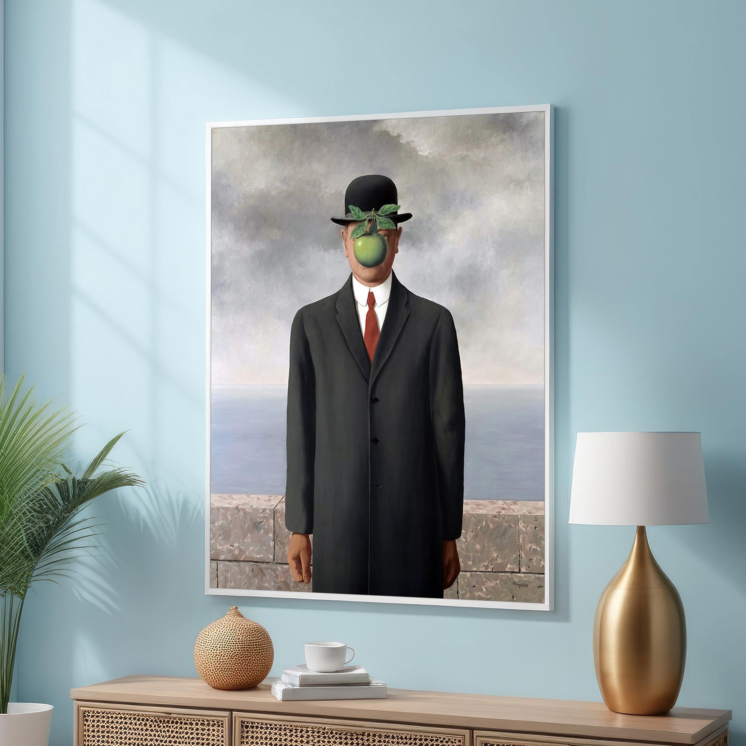 Son of Man Canvas Art – René Magritte-Inspired Surrealist Art – Iconic Man in Bowler Hat with Floating Apple for Modern Wall Decor