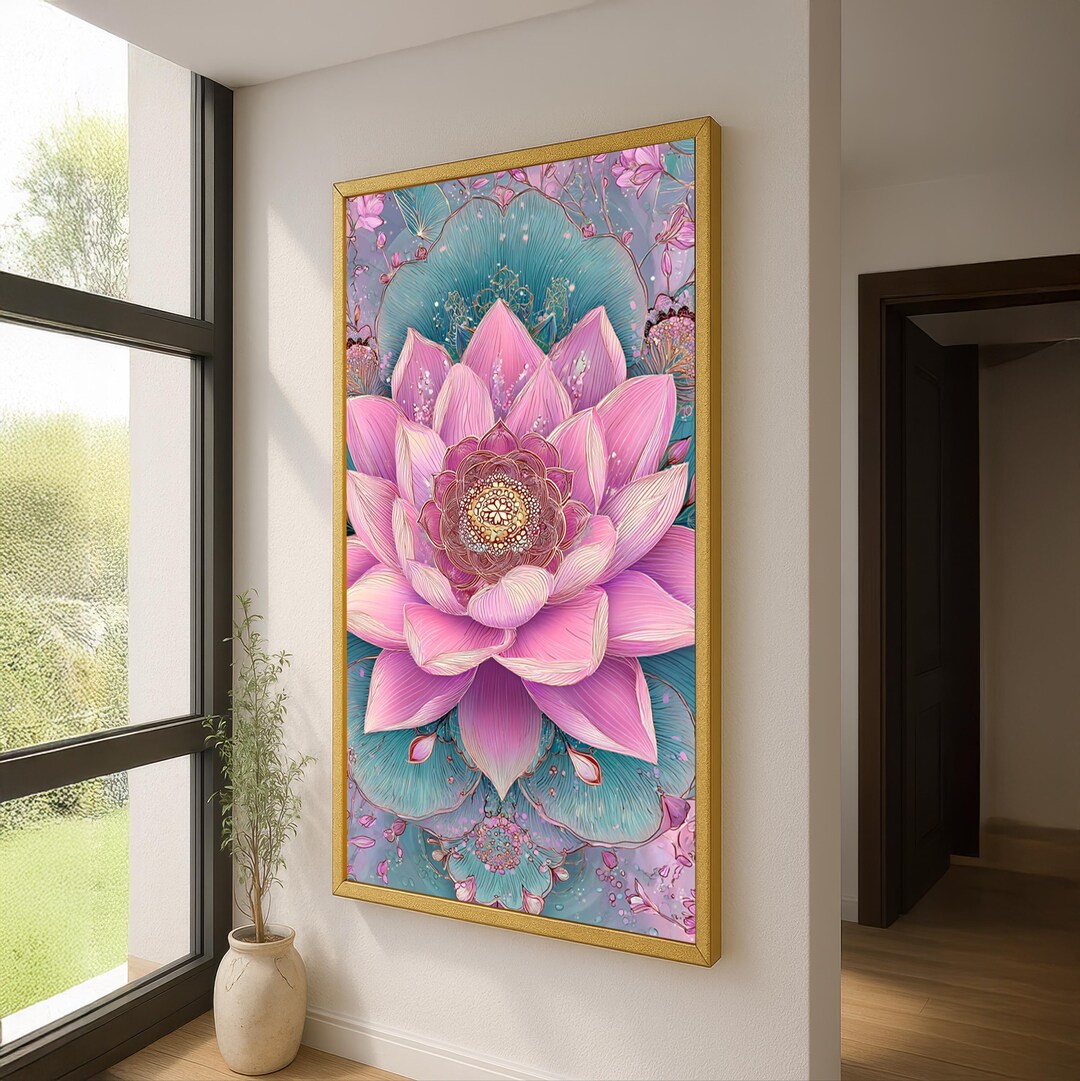 Pink Lotus Flower Canvas Wall Art - Floral Mandala Art Print - Boho ...