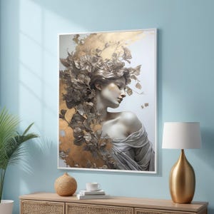 Ethereal Woman with Gold Leaf Accents - Nature-Inspired Dreamlike Portrait - Surreal Botanical Art Print - Modern Wall Decor - Grayscale Art