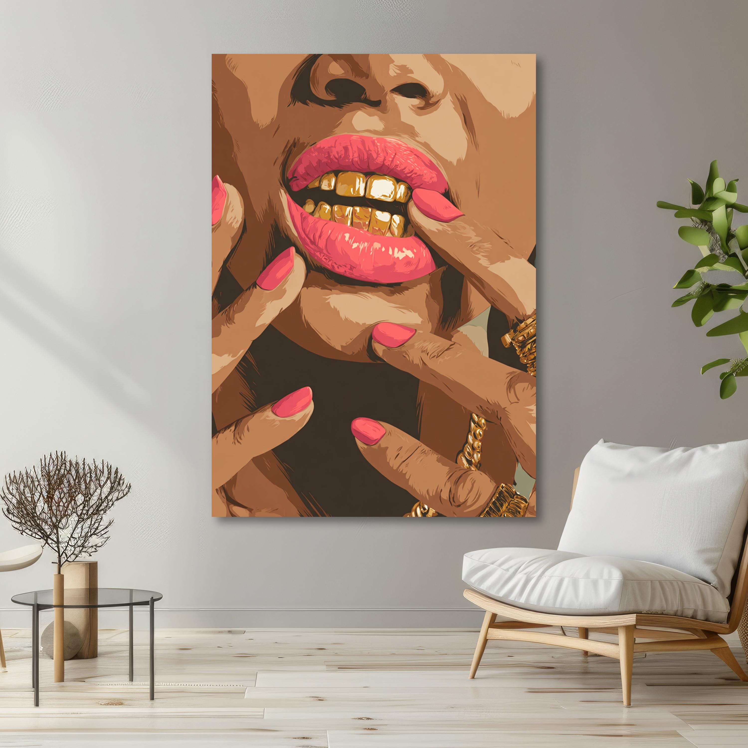 Pink Lips Gold Grill Wall Art - Black Woman Glam Canvas Print - Bold ...