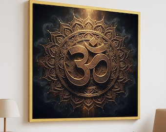 Arte de parede Mandala Om Dourada - Tela com Símbolo Hindu Espiritual - Decoração de Geometria Sagrada - Arte em Relevo Dourado para Sala de Meditação e Yoga - Arte Energética