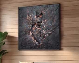May include: A black and white abstract art print featuring a figure with a cracked, textured surface. The figure appears to be made of stone or lava.