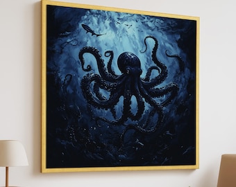 Giant Octopus Deep Sea Art – Dark Ocean Underwater Animal Canvas - Mysterious Marine Wall Art - Modern Nautical Home Decor - Aquatic Art