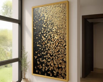 Arte mural de mariposas doradas: lienzo de lujo con animales - Enjambre de mariposas abstractas en oro metálico - Decoración moderna y elegante para el hogar - Golden Harmony Art