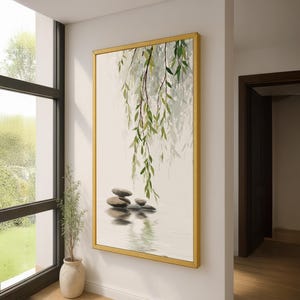 Trauerweide Zen Steine Wandkunst - Minimalistische Natur Leinwand - Japanisches ruhiges Dekor - beruhigende Spa Kunst - spirituelle Zen Meditationskunst