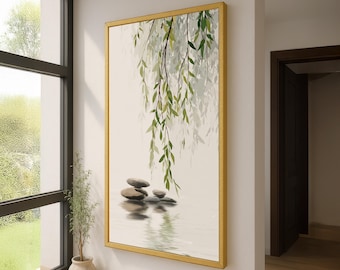 Arte de parede com pedras zen de salgueiro-chorão – Tela minimalista da natureza – Decoração japonesa tranquila – Arte relaxante para spa – Arte espiritual para meditação zen