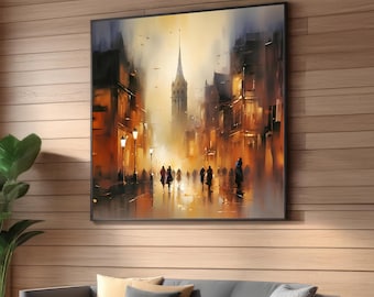 Golden Cityscape Canvas Print - Atmospheric Urban Wall Art - Abstract City Evening Scene - Warm Tones Art Print - Modern Home Wall Decor